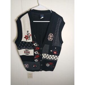 Vintage 90s PANTHER Sweater Vest Embroidery Flower Hearts Red Black Size Large